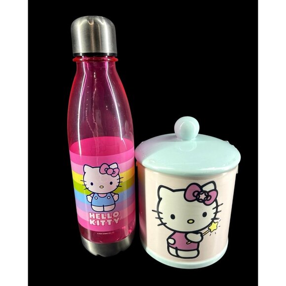 Hello Kitty Pink Stainless Steel Water Bottle & Ceramic Storage Jar - Picture 1 of 2